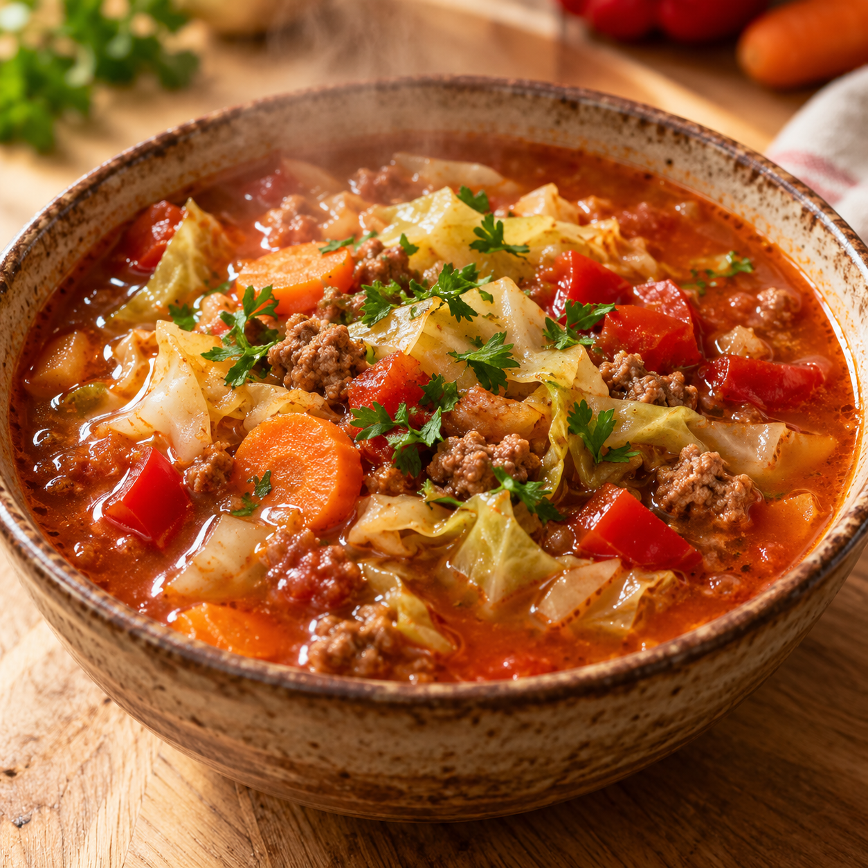 Kohlsuppe mit Hackfleisch, Kohlstücken, Karotten und Petersilie