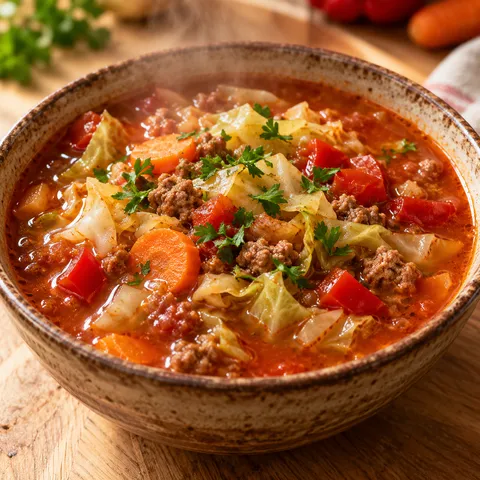 Kohlsuppe mit Hackfleisch, Kohlstücken, Karotten und Petersilie