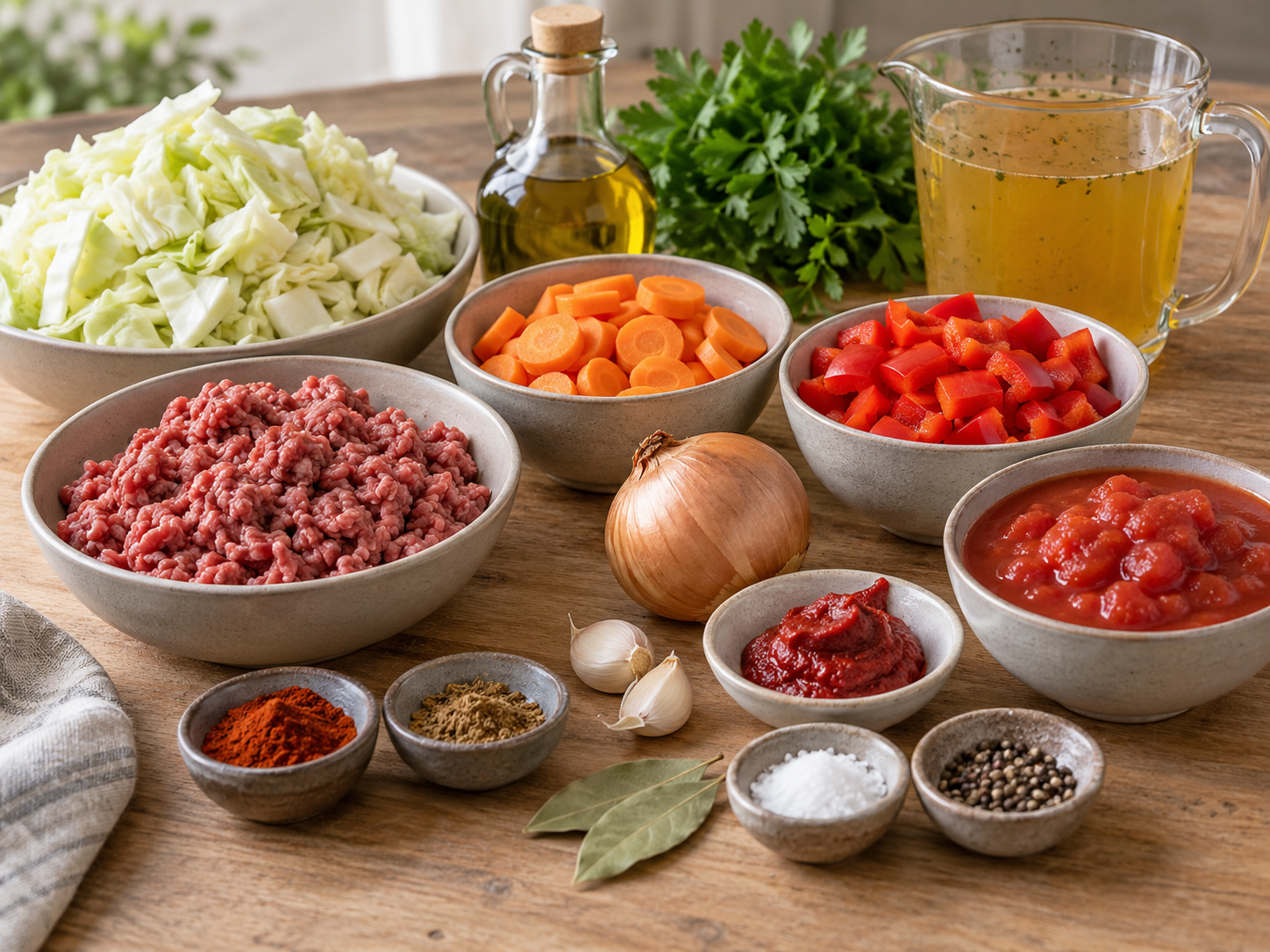 Zutaten für Kohlsuppe mit Hackfleisch auf hellem Holz