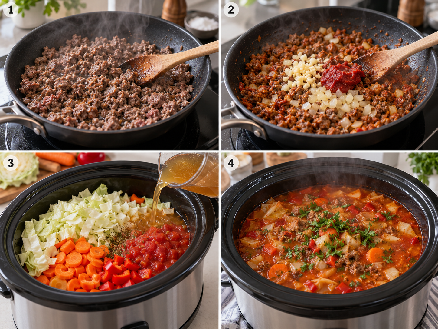 Vier Zubereitungsschritte für Kohlsuppe mit Hackfleisch im Slow Cooker