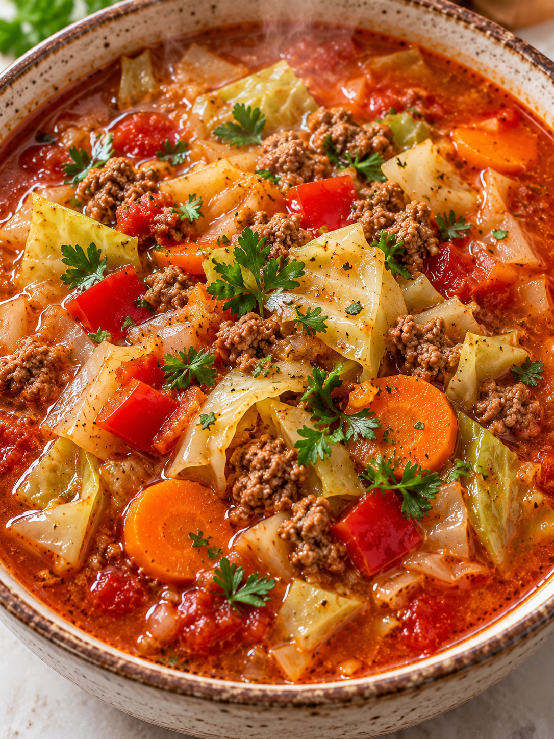 Rötliche Kohlsuppe mit Hackfleisch, Karotten und Petersilie