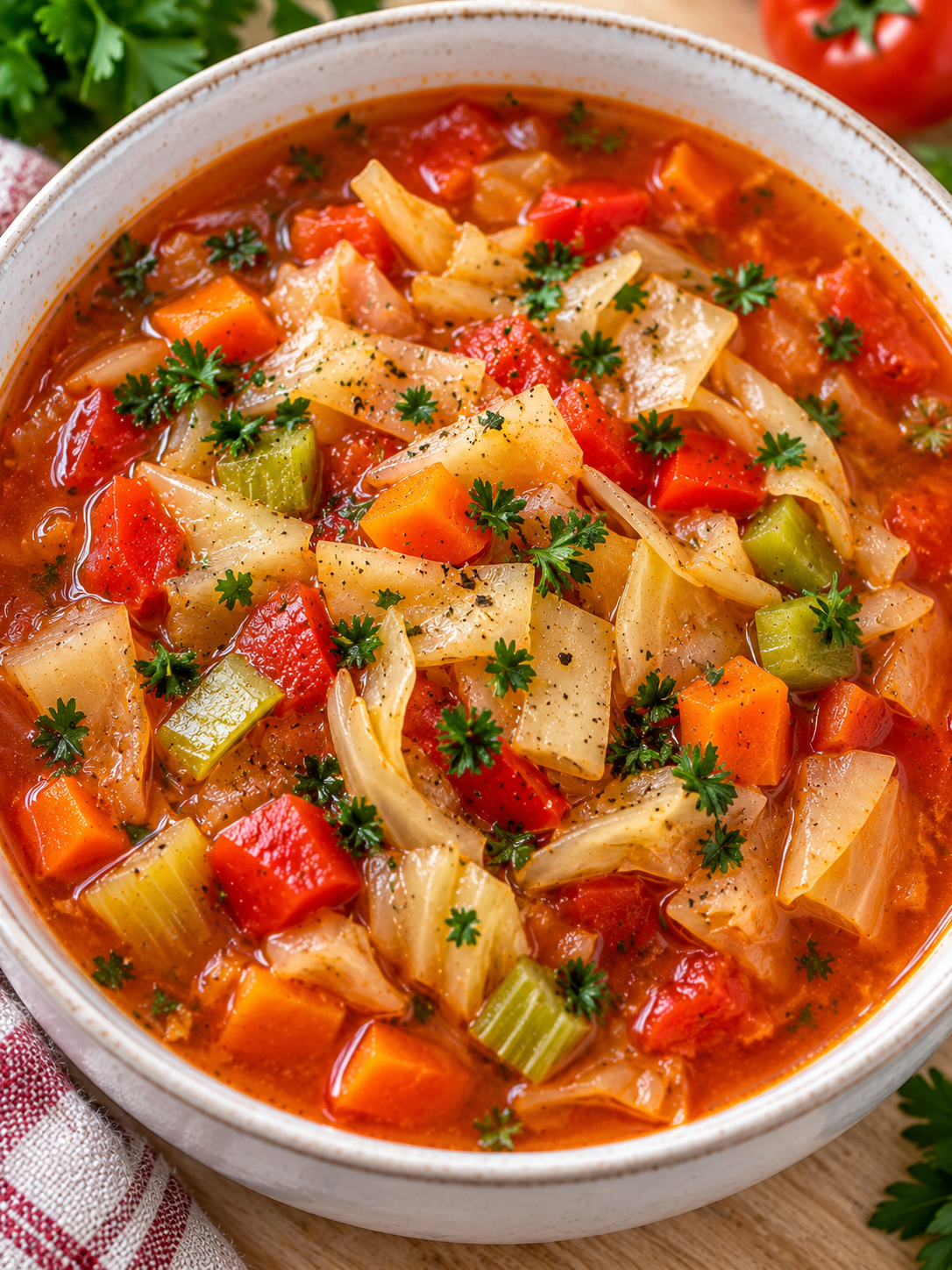 Schale WW-Kohlsuppe mit Weißkohl, Tomatenbrühe und Petersilie
