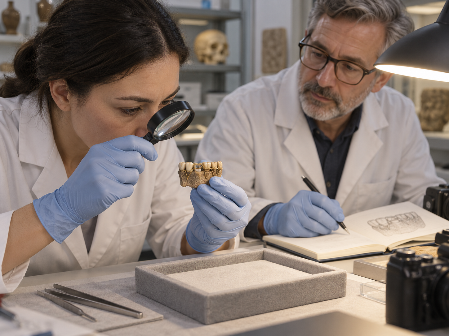 Konservatoren untersuchen ein kleines Zahnfragment mit Golddraht im Labor