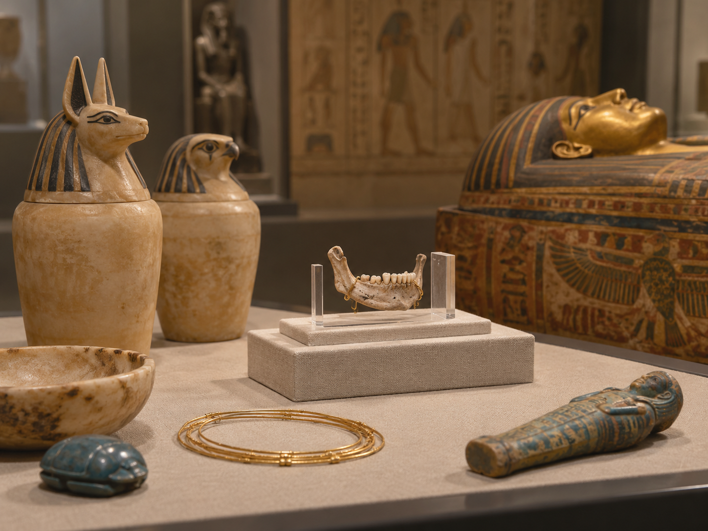 Museumsvitrine mit einem altägyptischen Kieferfragment und dezent sichtbarem Golddraht