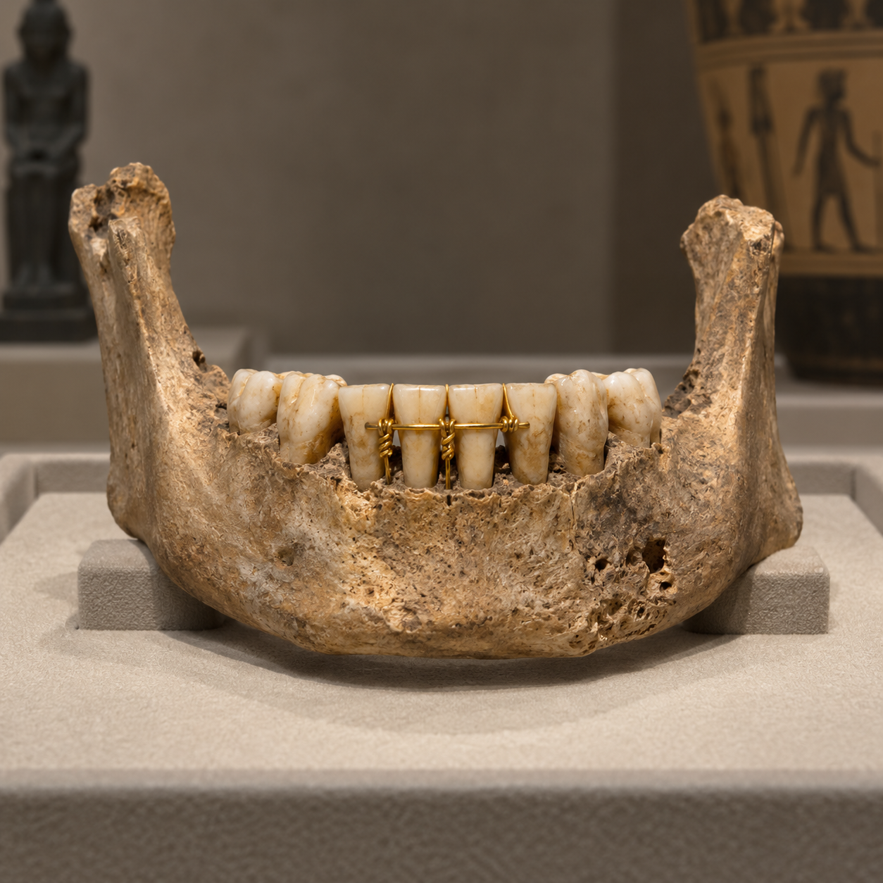 Antiker Kiefer mit Zähnen und feinem Golddraht in einer ruhigen Museumsszene