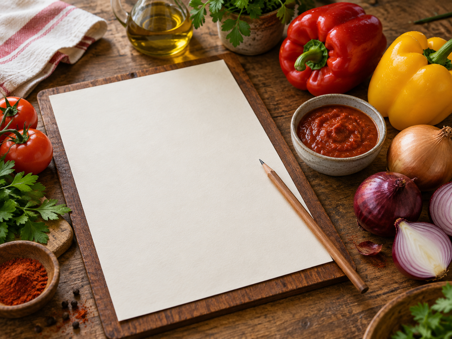 Eine leere Speisekarte mit Paprika, Zwiebeln und einer Schale roter Sauce als Symbol für klare Gerichtsnamen.