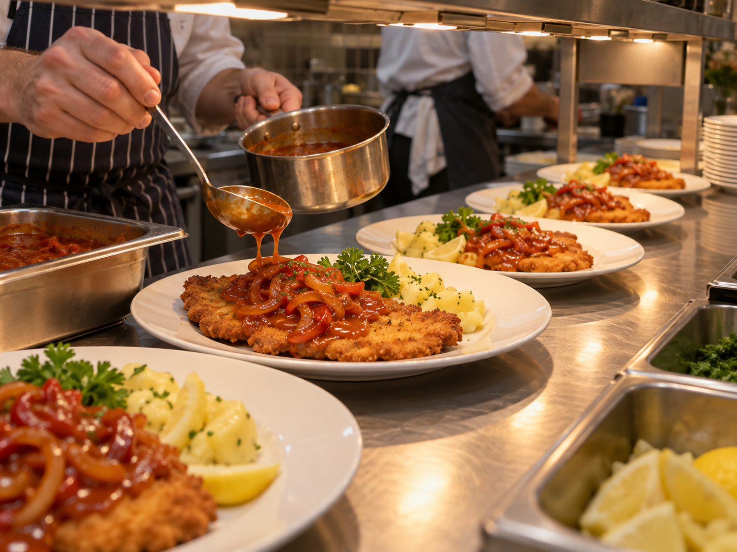 In einer Restaurantküche werden Schnitzel mit roter Paprika-Zwiebel-Sauce angerichtet.