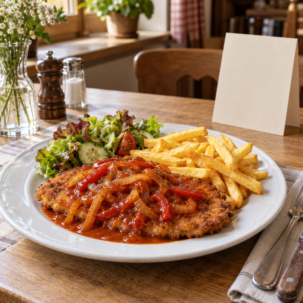 Ein Schnitzel mit roter Paprikasauce auf einem Restauranttisch neben einer leeren Speisekarte.