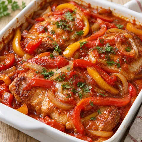 Zigeunerschnitzel in roter Paprikasoße mit Paprikastreifen