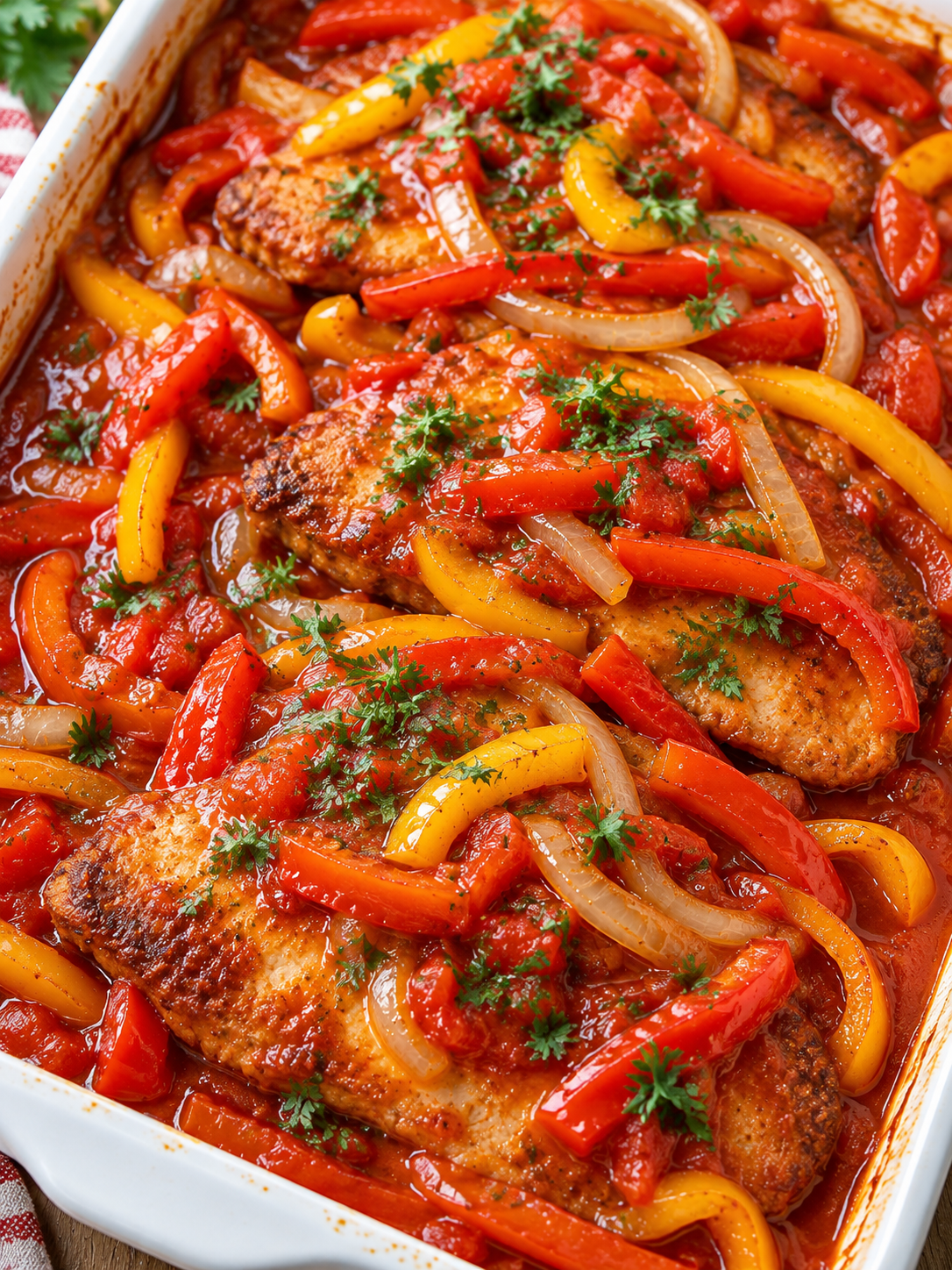 Zigeunerschnitzel aus dem Ofen mit Paprikasoße und Petersilie