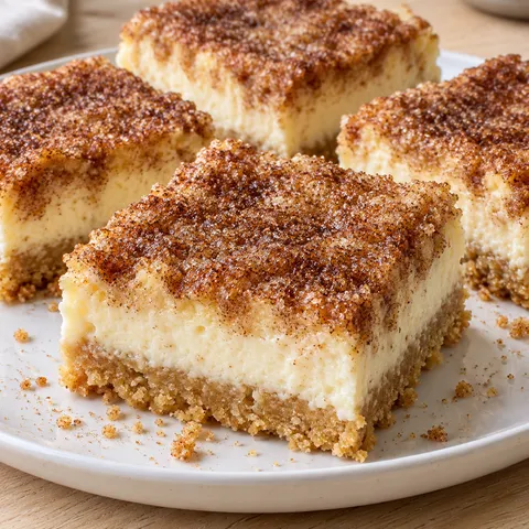 Zimtkäsekuchen in quadratischen Stücken mit goldbrauner Zimtschicht