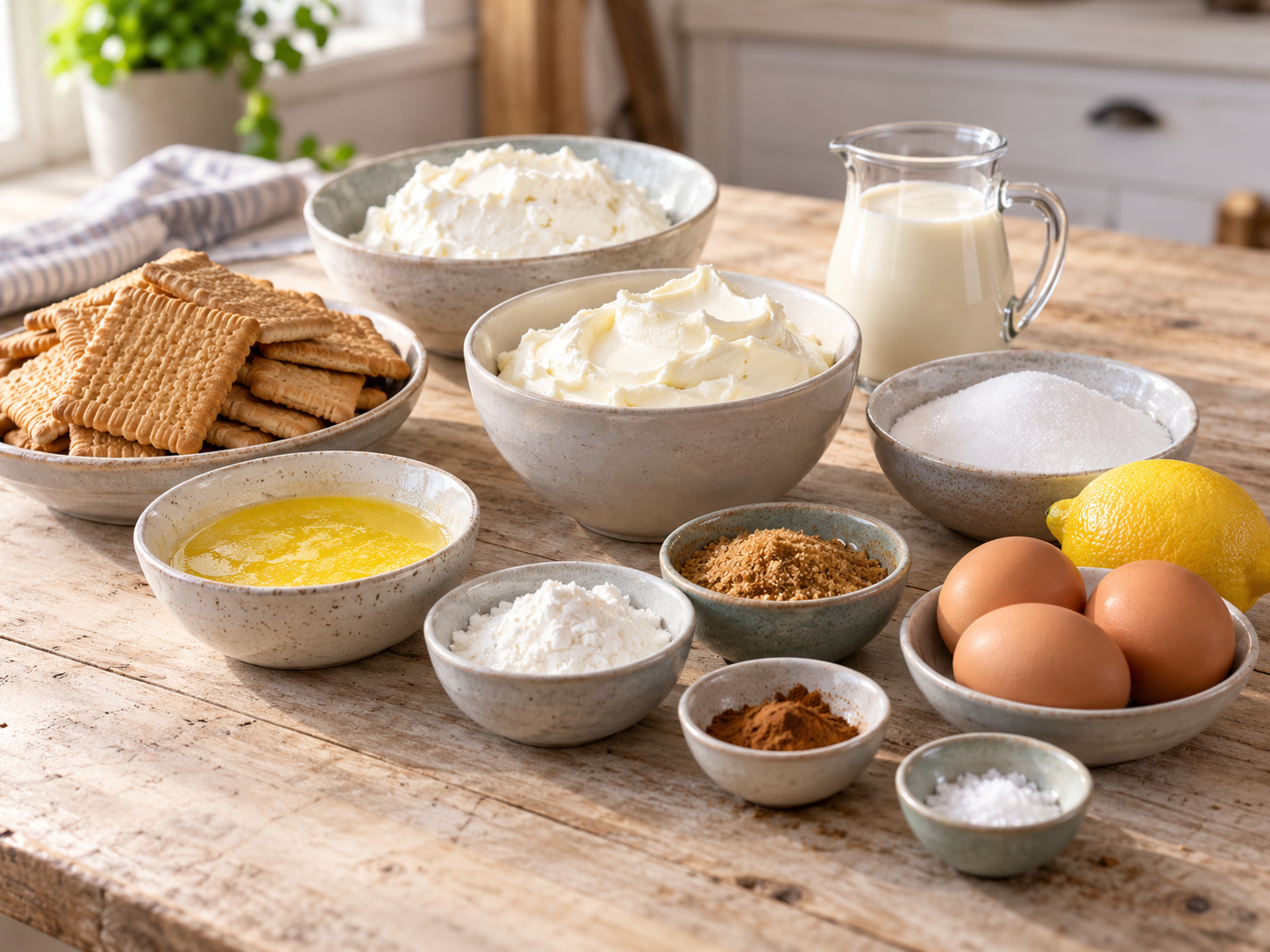 Zutaten für Zimtkäsekuchen mit Quark, Frischkäse, Keksen und Zimt