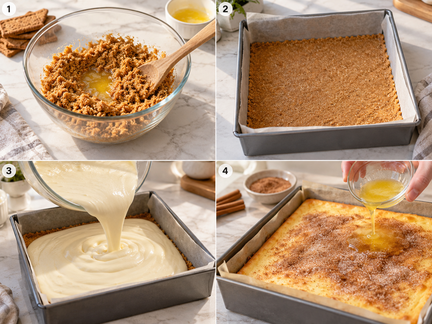 Vier Schritte beim Backen von Zimtkäsekuchen mit Keksboden und Zimtzucker