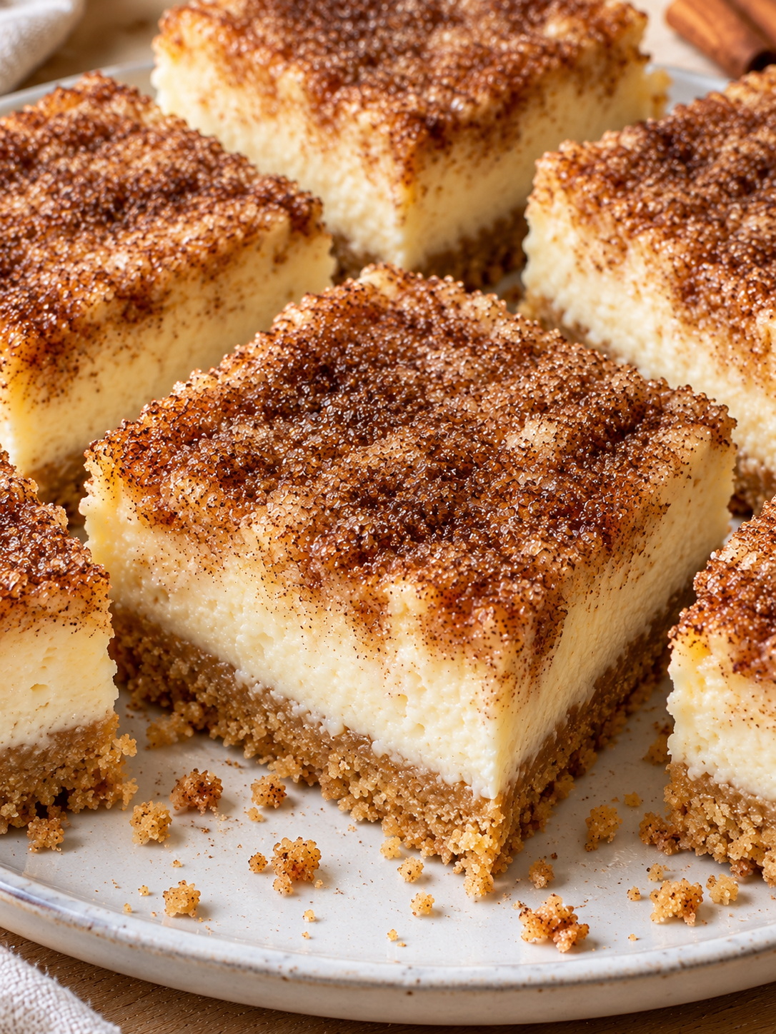 Quadratische Stücke Zimtkäsekuchen mit cremiger Füllung und Zimtzuckerkruste
