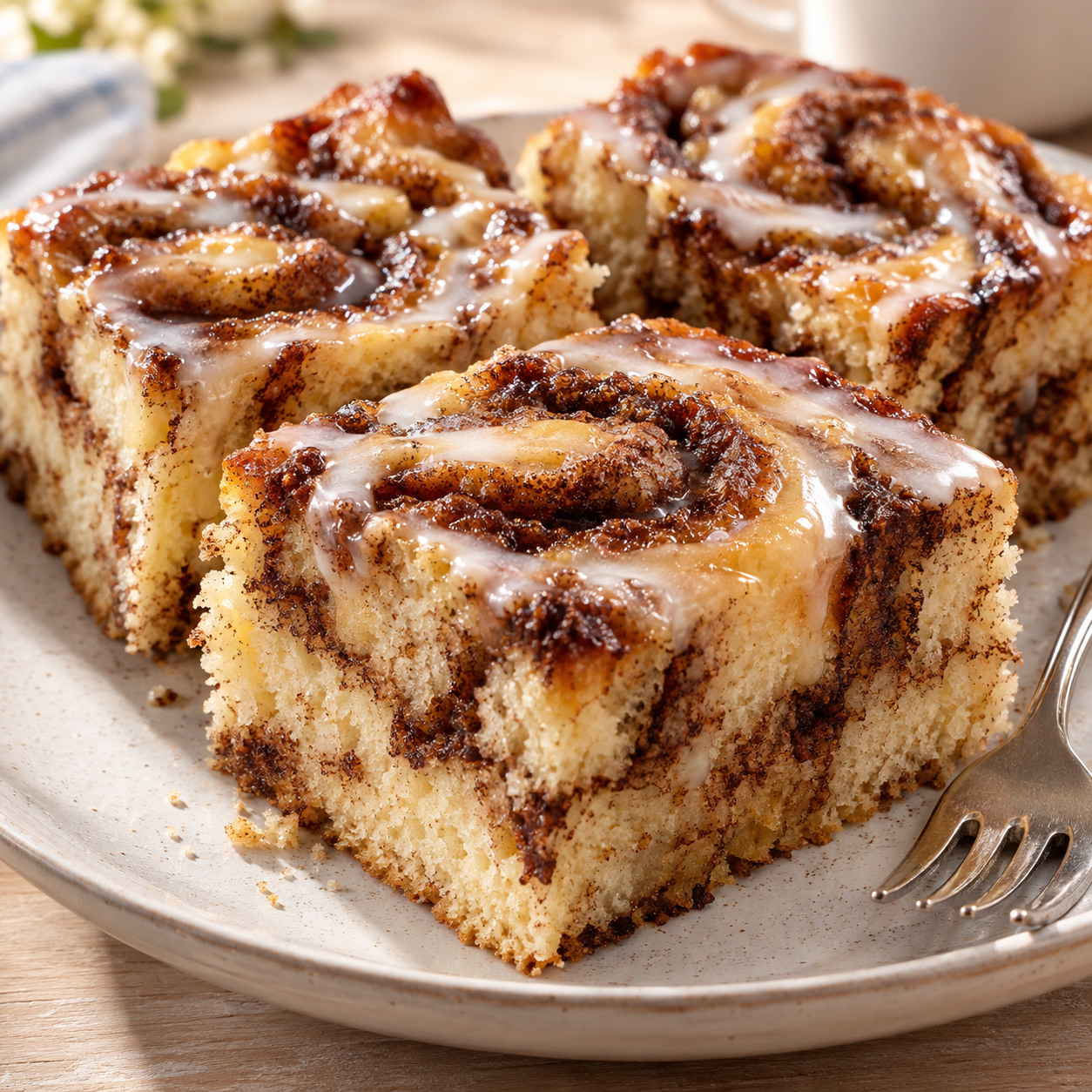 Zimtschnecken-Kuchen mit Glasur und sichtbarem Zimt-Swirl