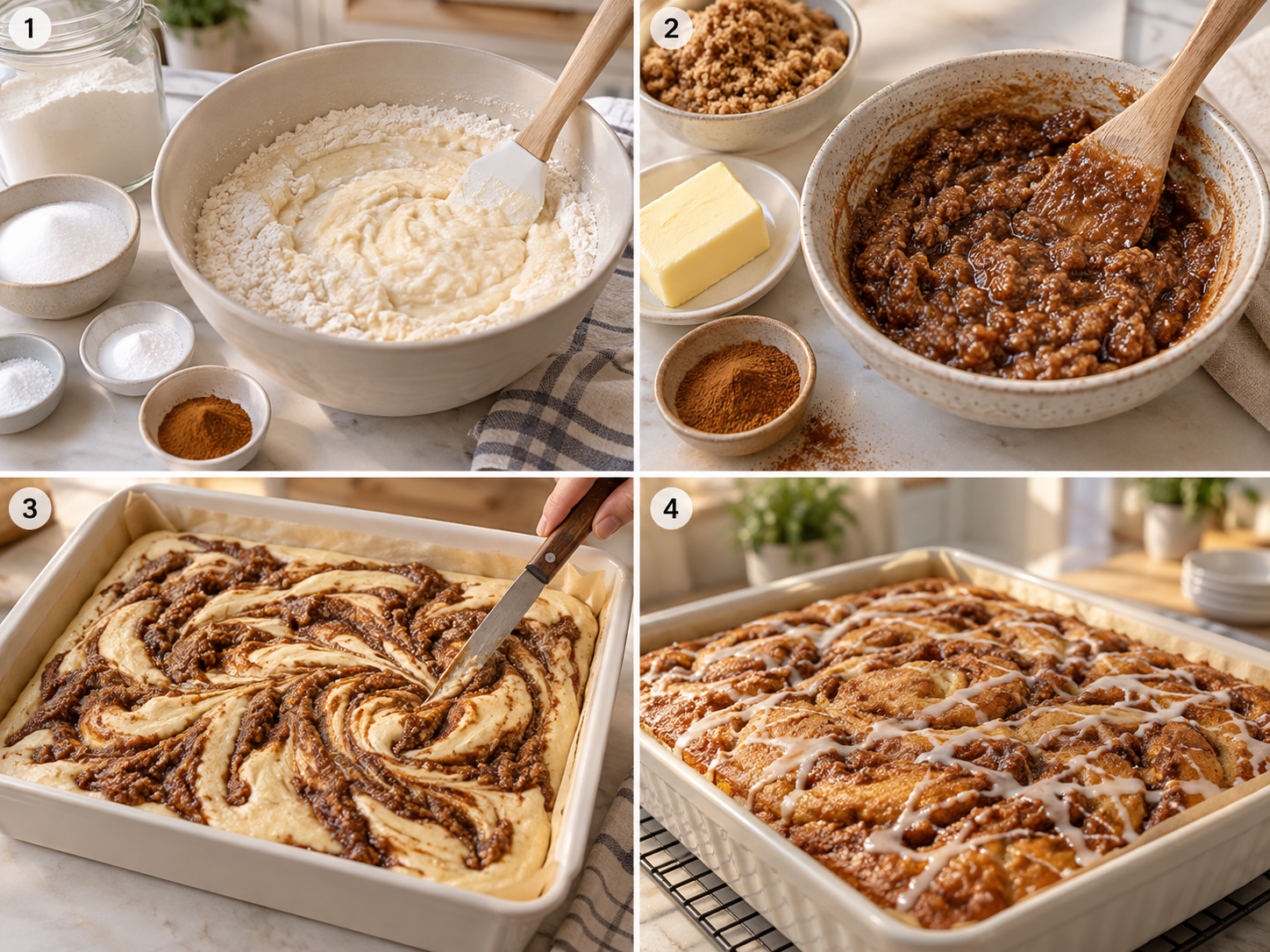 Vier Schritte für Zimtschnecken-Kuchen vom Teig bis zur Glasur
