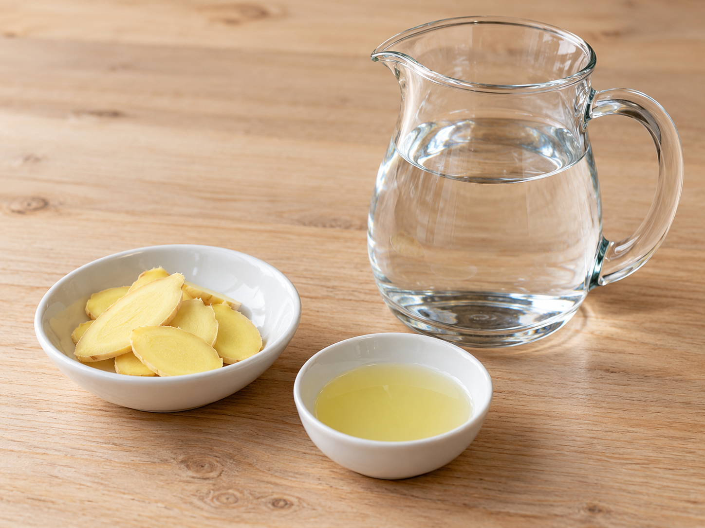 Ingwerscheiben, frisch gepresster Zitronensaft und Wasser für zwei Tassen Tee