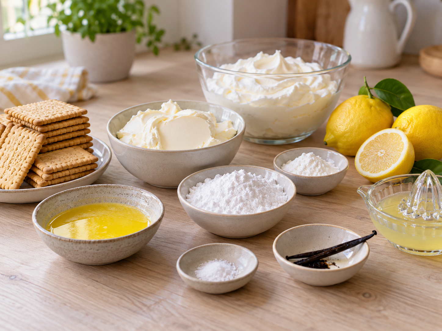 Zutaten fuer Zitronen-Mascarpone-Kuchen mit Keksen und Zitronen