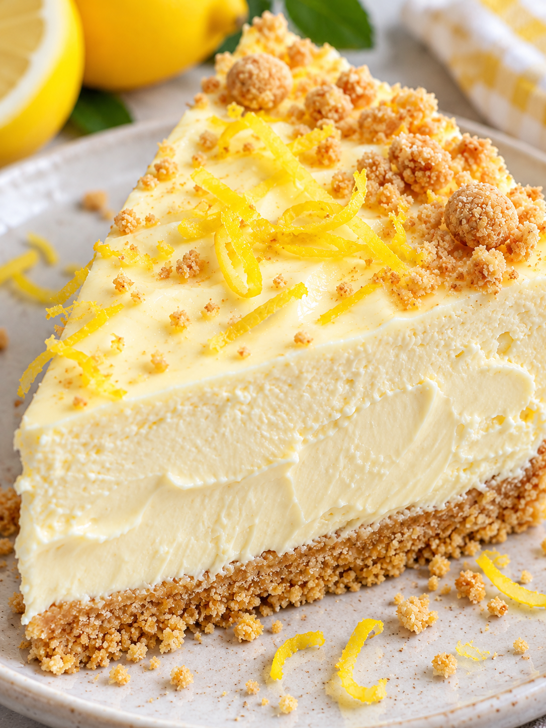 Cremiges Stueck Zitronen-Mascarpone-Kuchen mit Keksboden