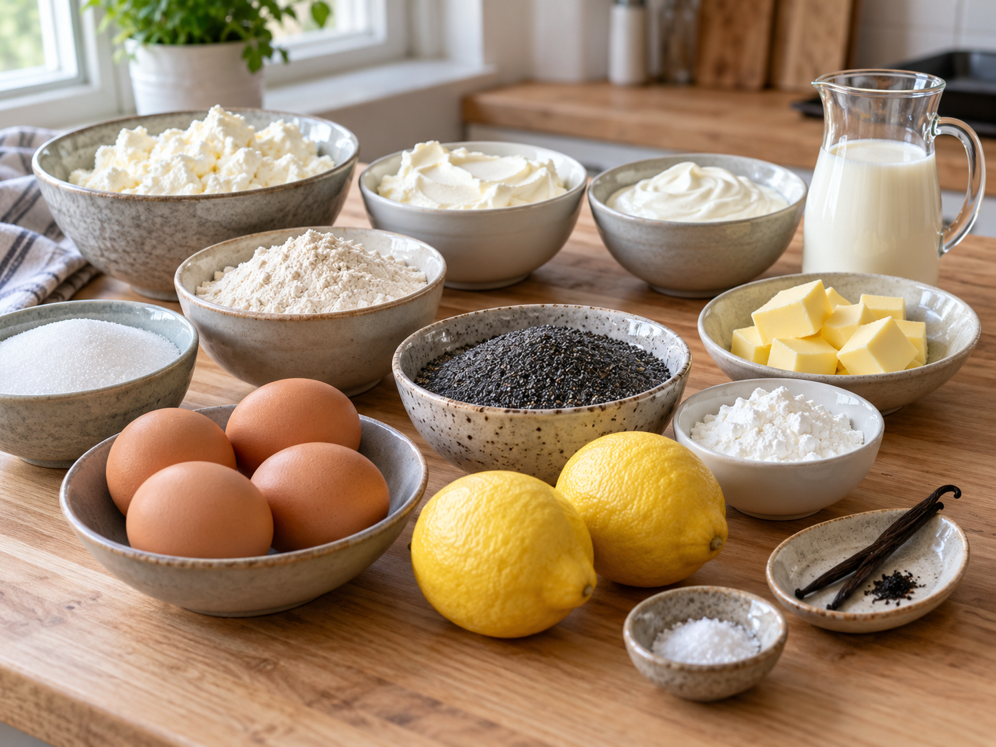 Zutaten für Zitronen-Mohn-Käsekuchen mit Quark, Mohn und Zitronen