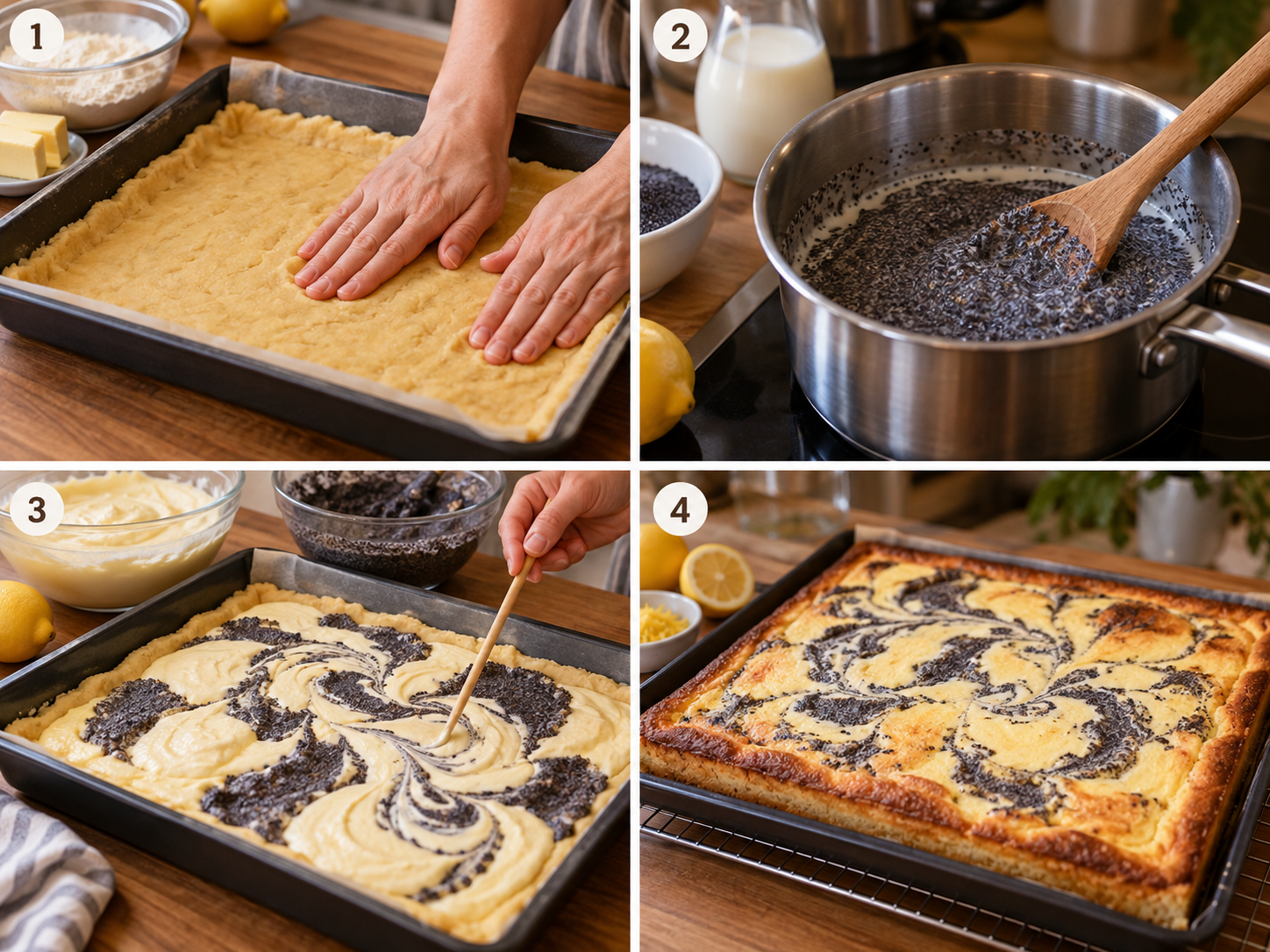Vier Backschritte für Zitronen-Mohn-Käsekuchen vom Blech