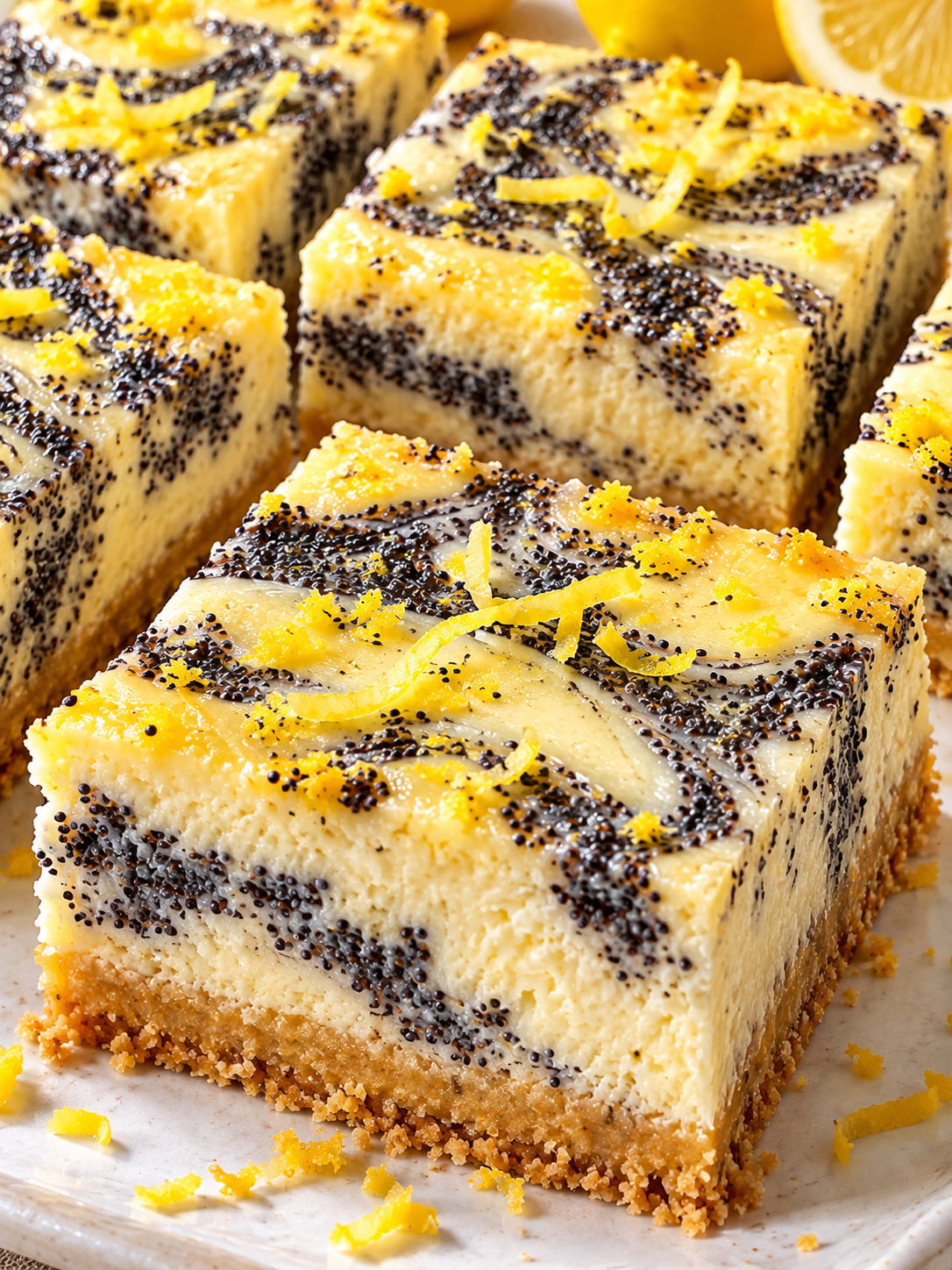 Stücke von Zitronen-Mohn-Käsekuchen mit cremiger Füllung