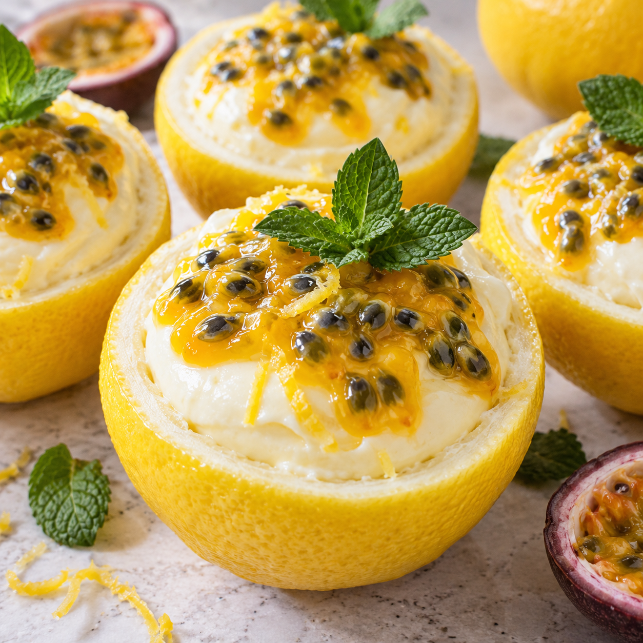 Zitronendessert in Schalen mit Passionsfrucht und Minze