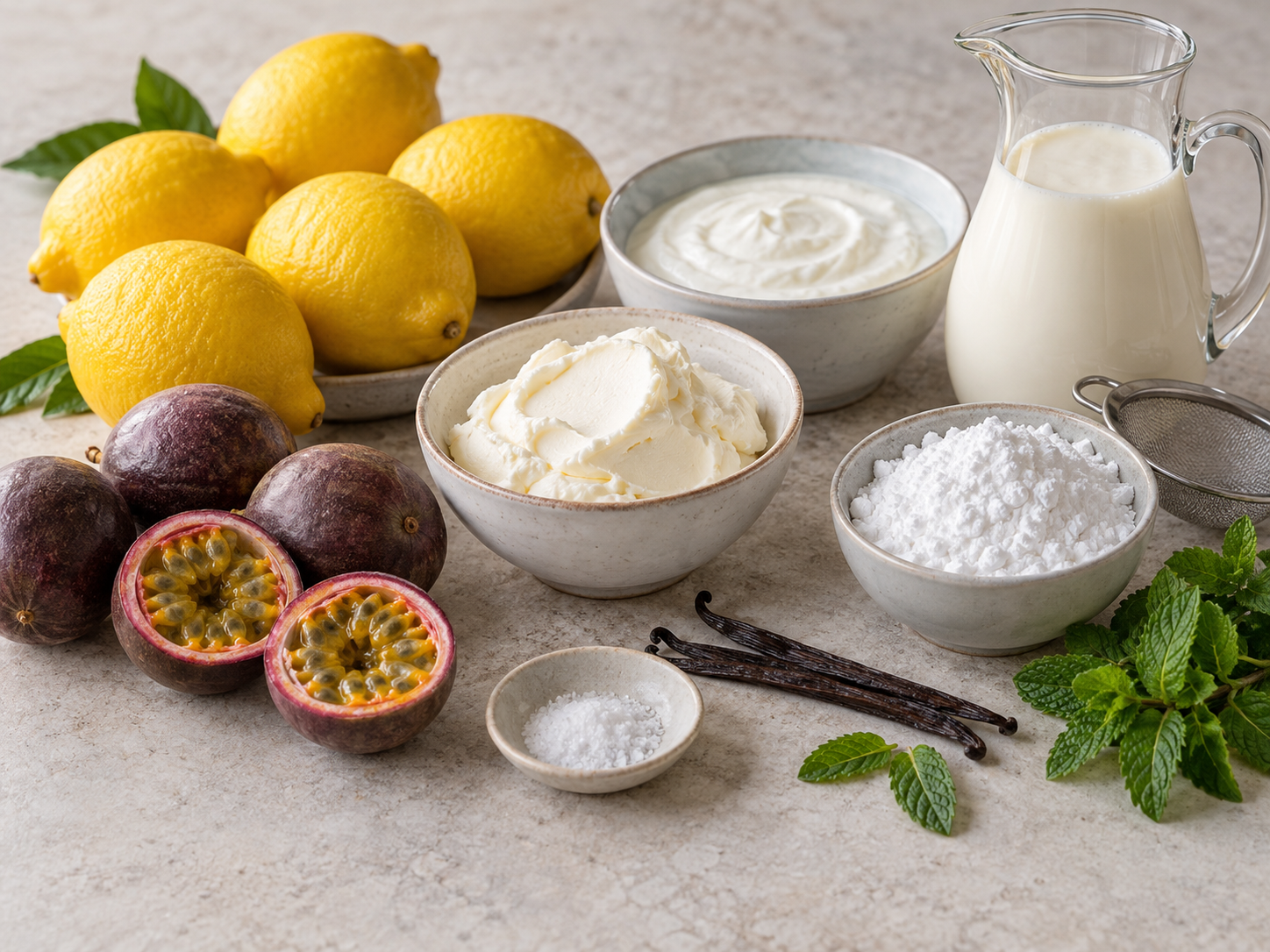 Zutaten für Zitronen-Passionsfrucht-Dessert mit Mascarpone
