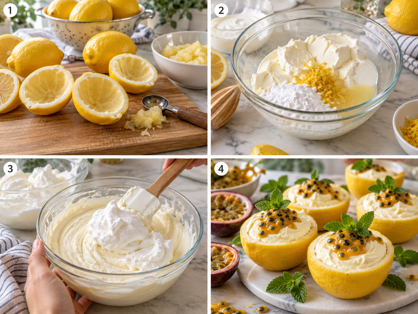 Vier Schritte für Zitronendessert in Schalen mit Passionsfrucht