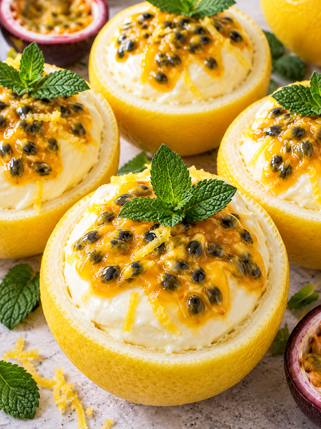 Gefüllte Zitronenschalen mit Creme, Passionsfrucht und Minze
