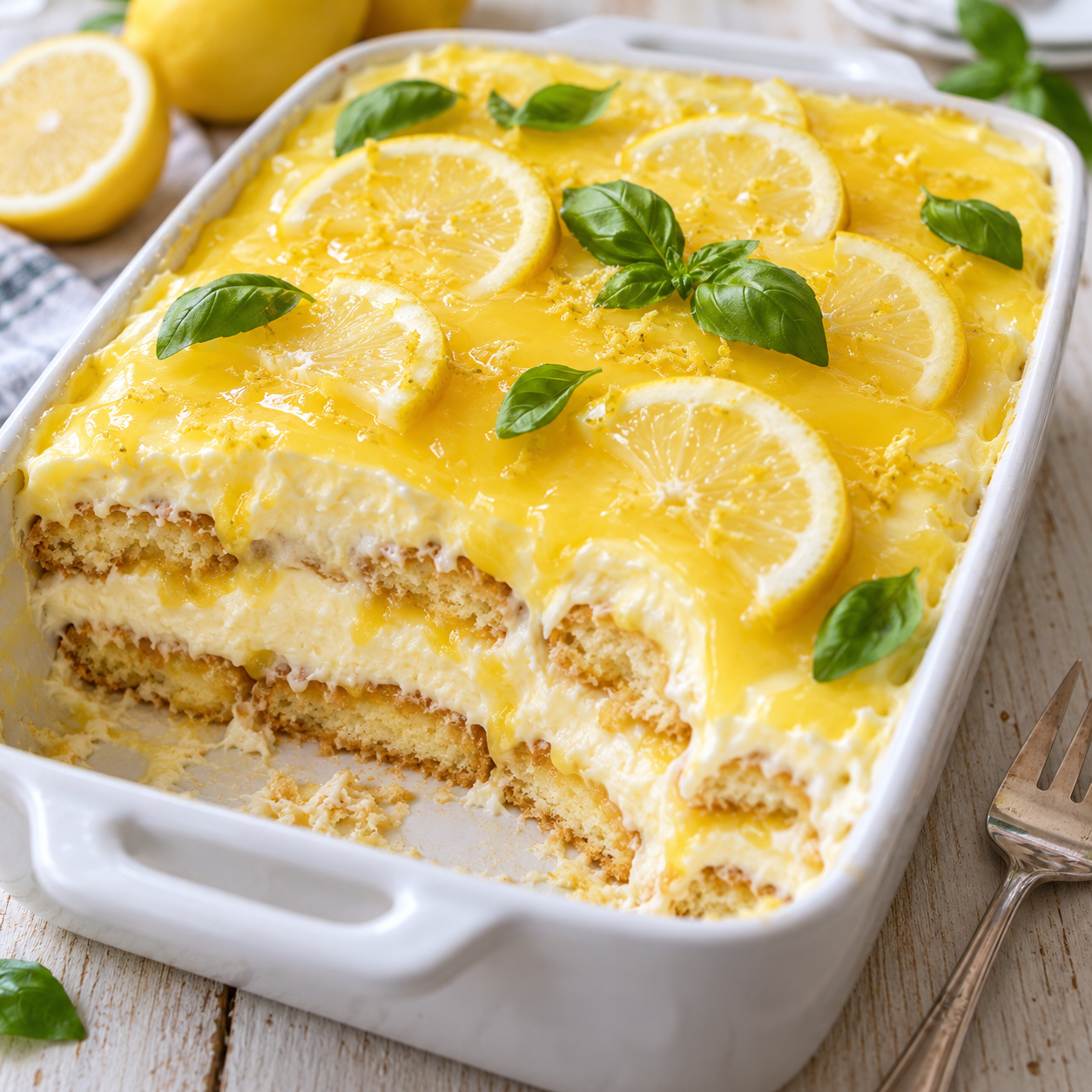 Zitronen-Tiramisu mit Lemon Curd, Zitronenscheiben und Basilikum