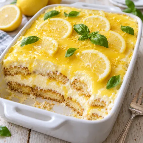 Zitronen-Tiramisu mit Lemon Curd, Zitronenscheiben und Basilikum