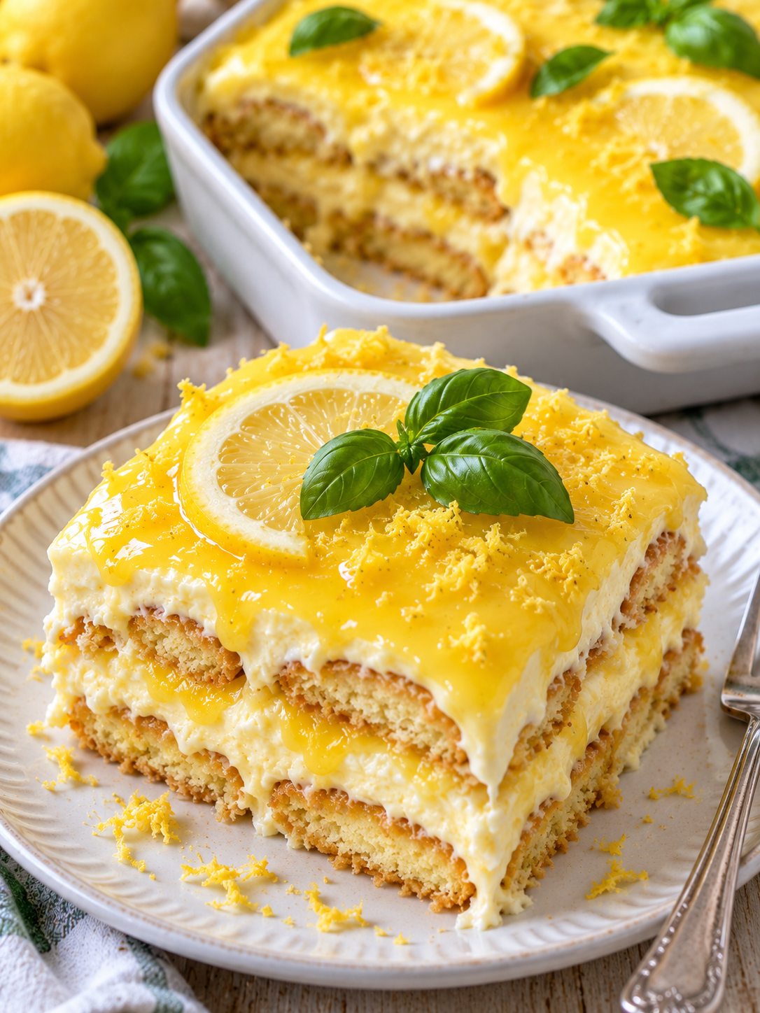 Stück Zitronen-Tiramisu mit Lemon Curd und cremigen Schichten