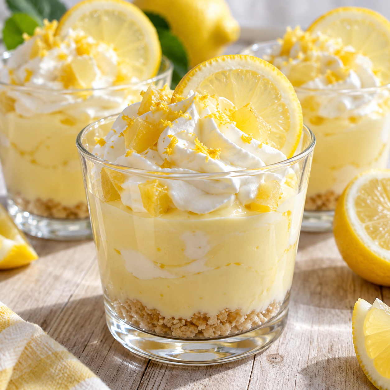 Zitronencreme mit Joghurt in Gläsern mit Sahnehaube und Zitrone