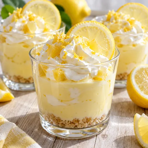 Zitronencreme mit Joghurt in Gläsern mit Sahnehaube und Zitrone