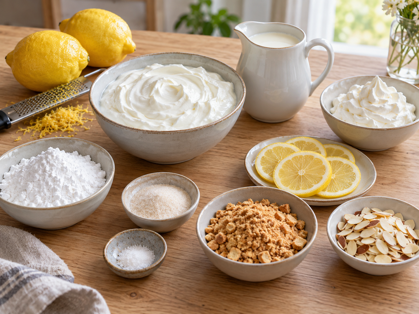 Zutaten für Zitronencreme mit Joghurt auf hellem Holz