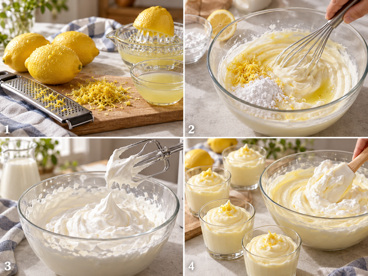 Vier Schritte für Zitronencreme mit Joghurt vom Abrieb bis zum Einfüllen