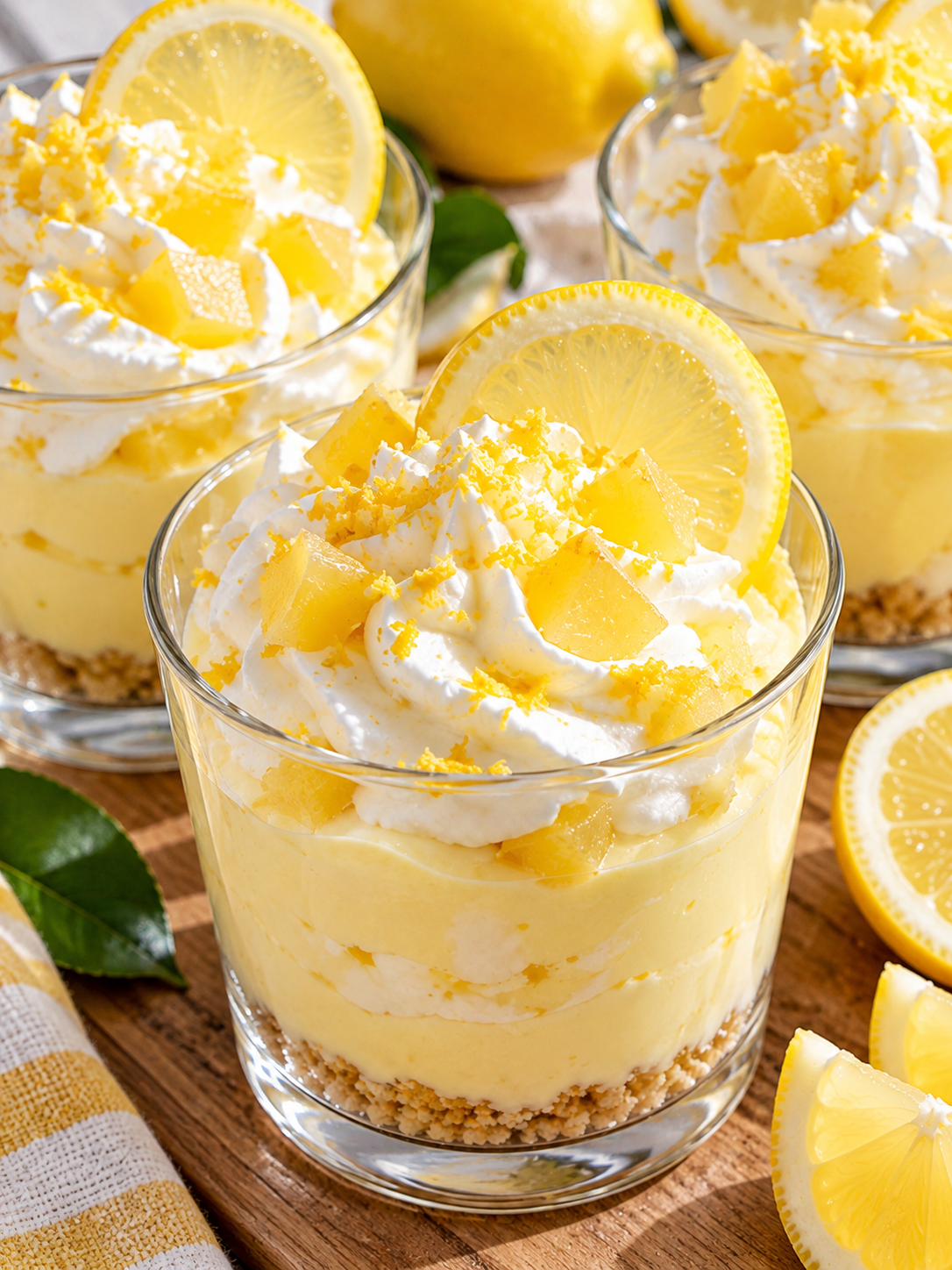 Zitronencreme mit Joghurt in Dessertgläsern mit Sahne und Zitronen
