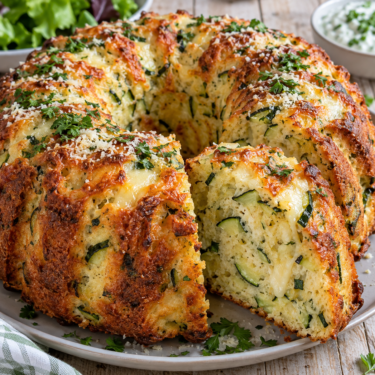 Goldbrauner Zucchini-Käse-Kranz mit Petersilie und angeschnittener Scheibe
