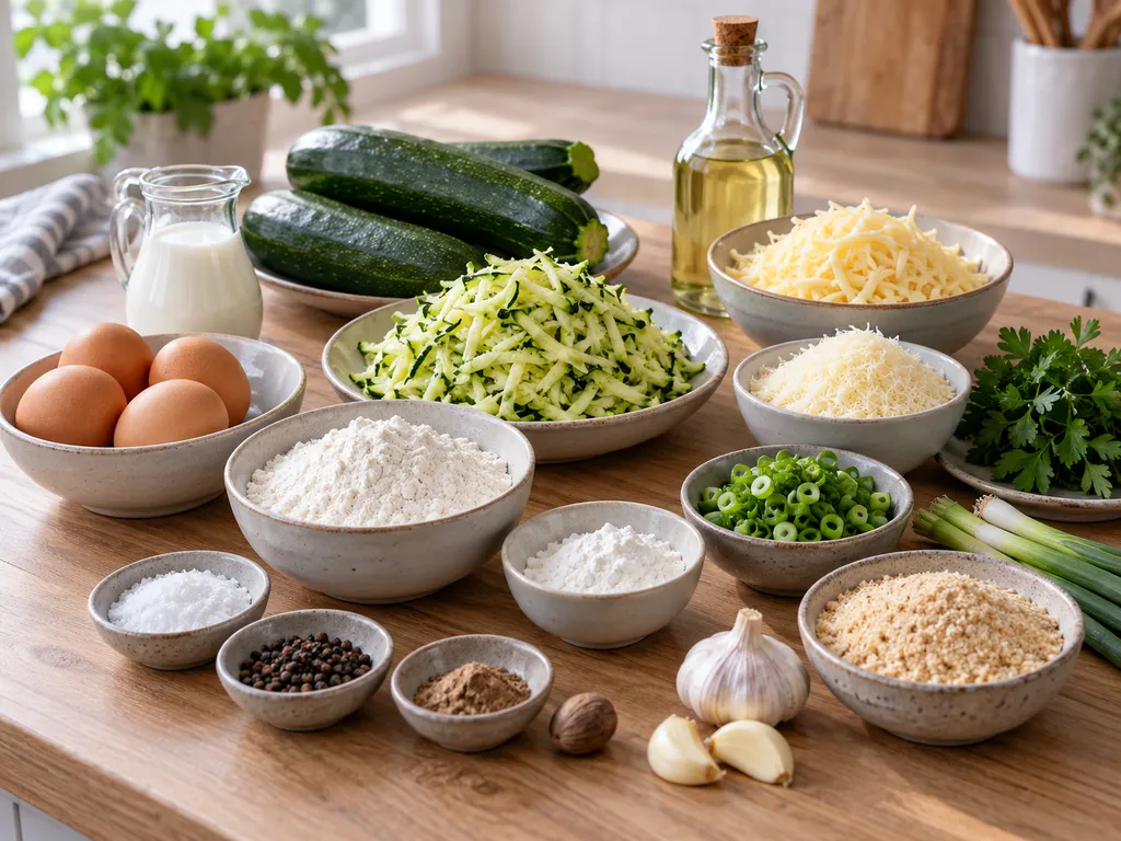 Zutaten für Zucchini-Käse-Kranz mit Zucchini, Käse, Eiern und Kräutern