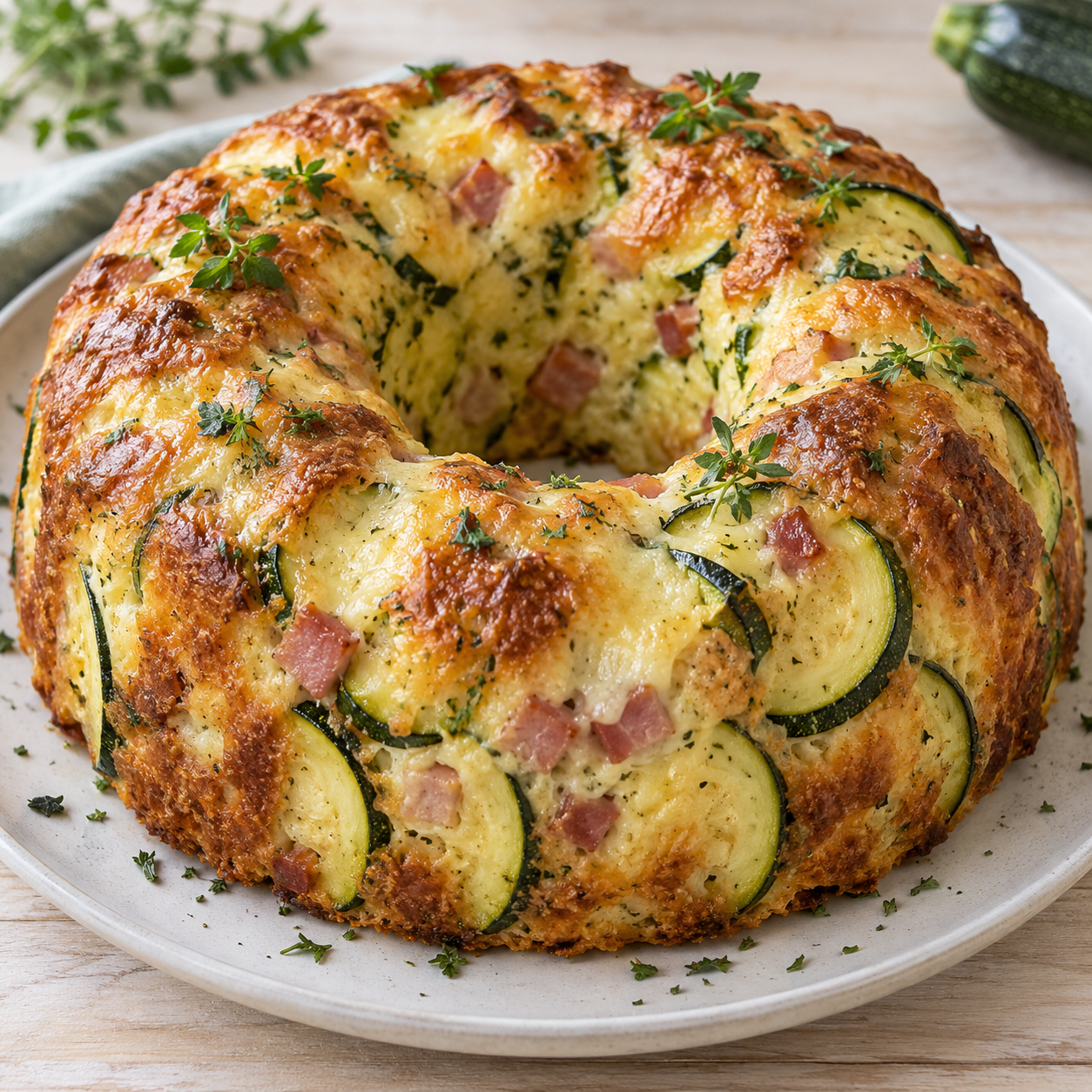 Goldbrauner Zucchini-Käse-Kranz mit Schinken und Zucchinischeiben