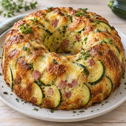 Goldbrauner Zucchini-Käse-Kranz mit Schinken und Zucchinischeiben