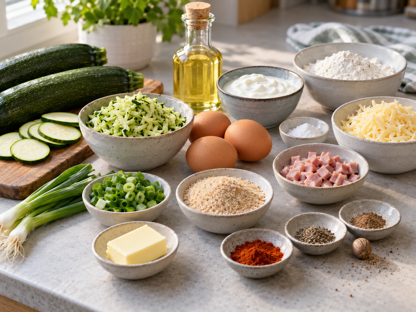 Zutaten für Zucchini-Käse-Kranz mit Gouda, Schinken und Eiern