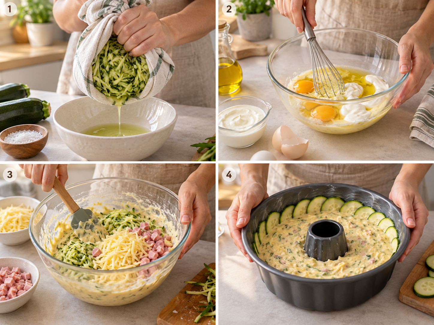 Vier Schritte für Zucchini-Käse-Kranz vom Ausdrücken bis zur Form