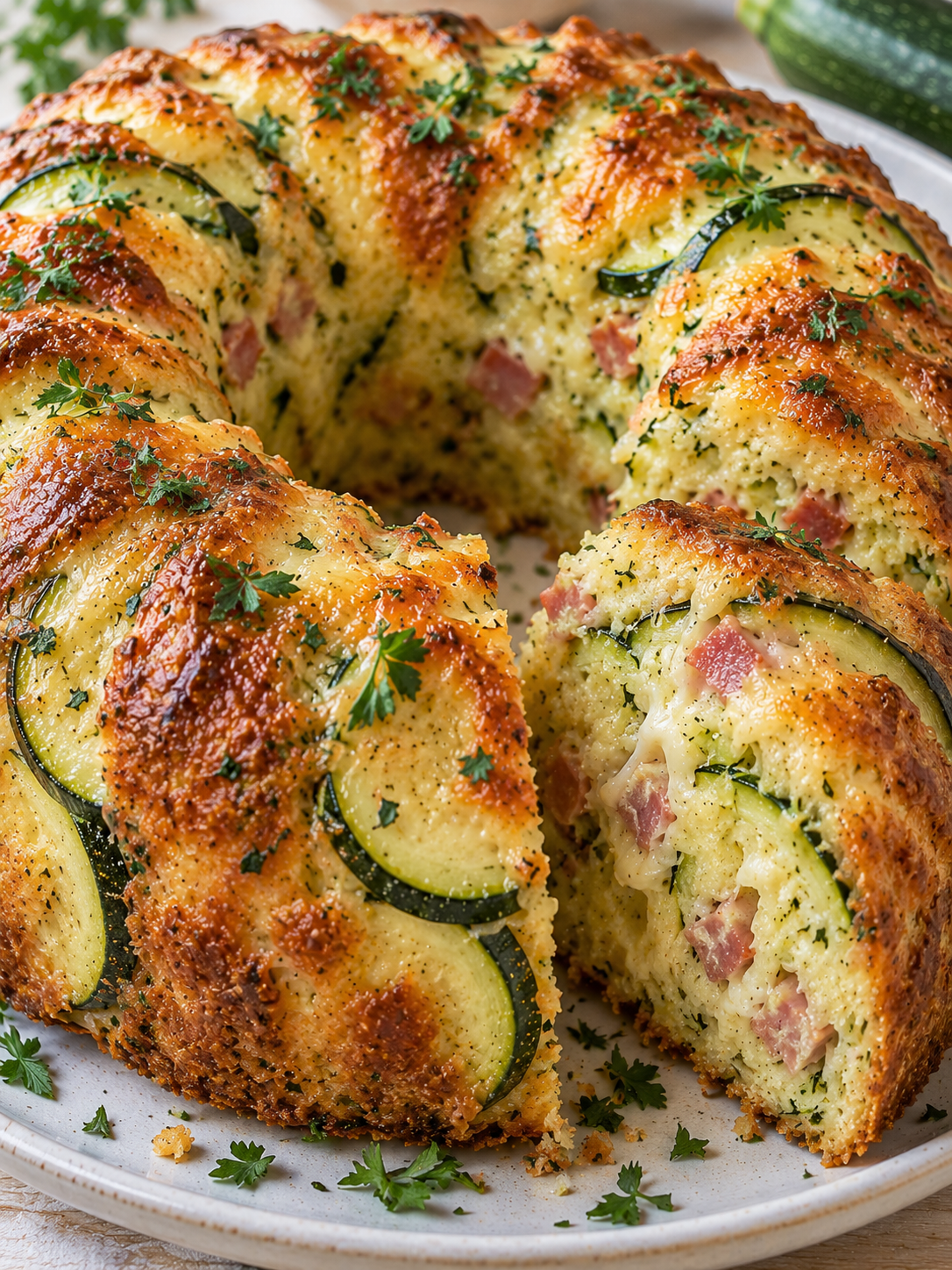 Angeschnittener Zucchini-Käse-Kranz mit saftiger Käse-Schinken-Krume