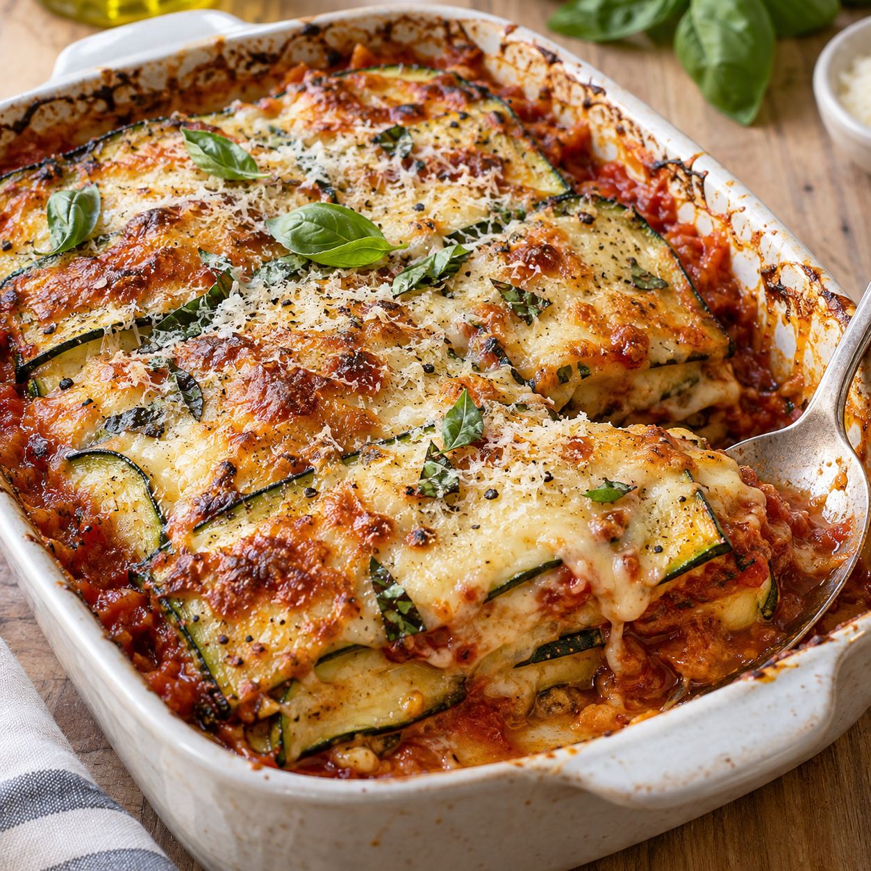 Zucchini-Parmesan aus dem Ofen mit Tomatensauce und Basilikum