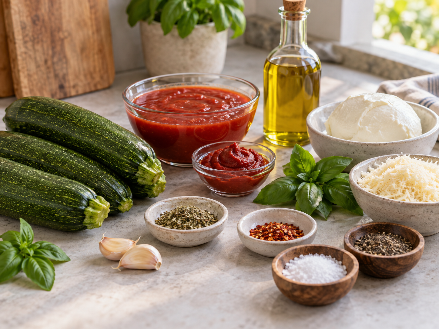 Zutaten für Zucchini-Parmesan mit Tomaten, Käse und Basilikum