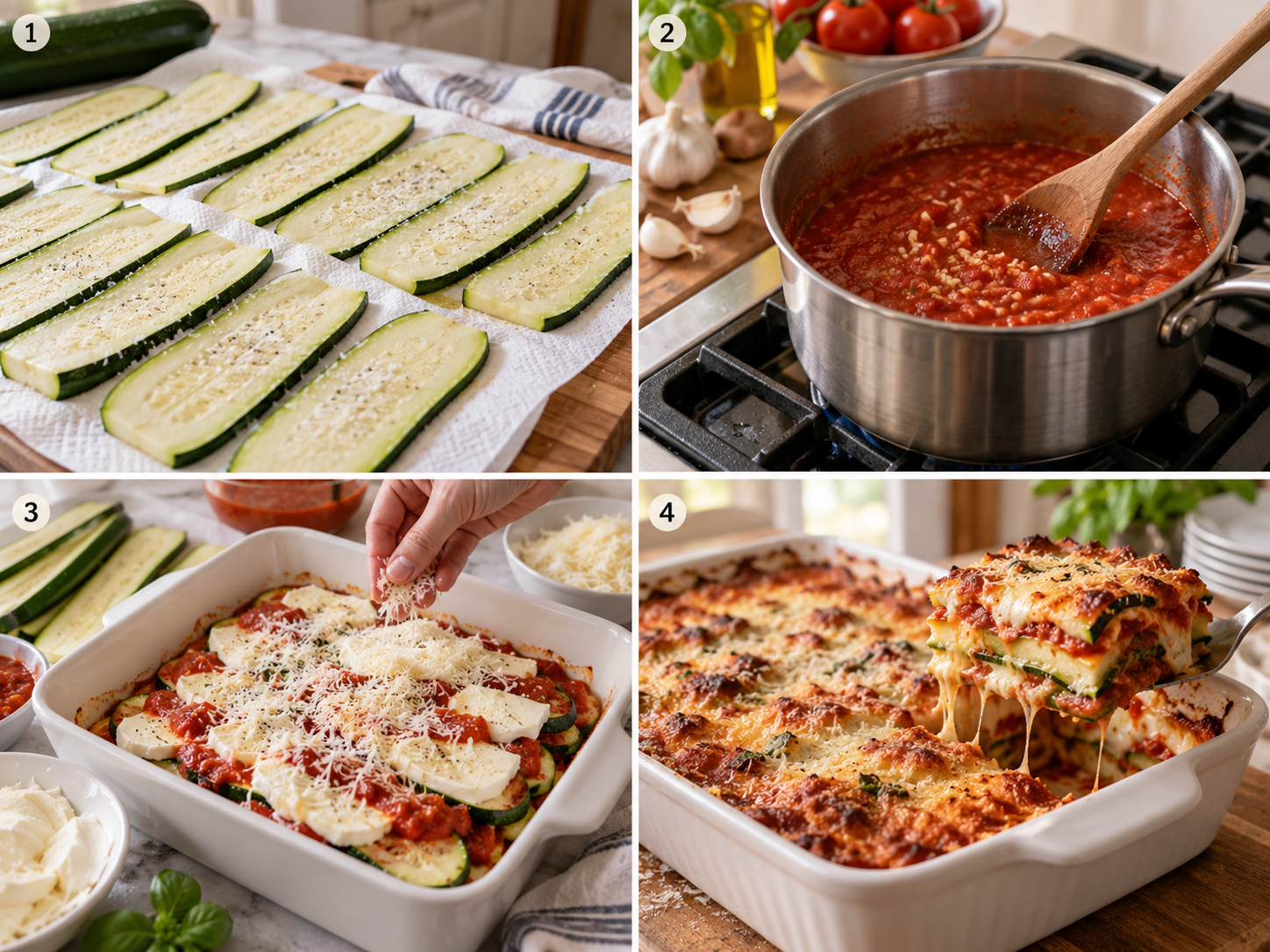 Vier Schritte für Zucchini-Parmesan vom Salzen bis zum Backen
