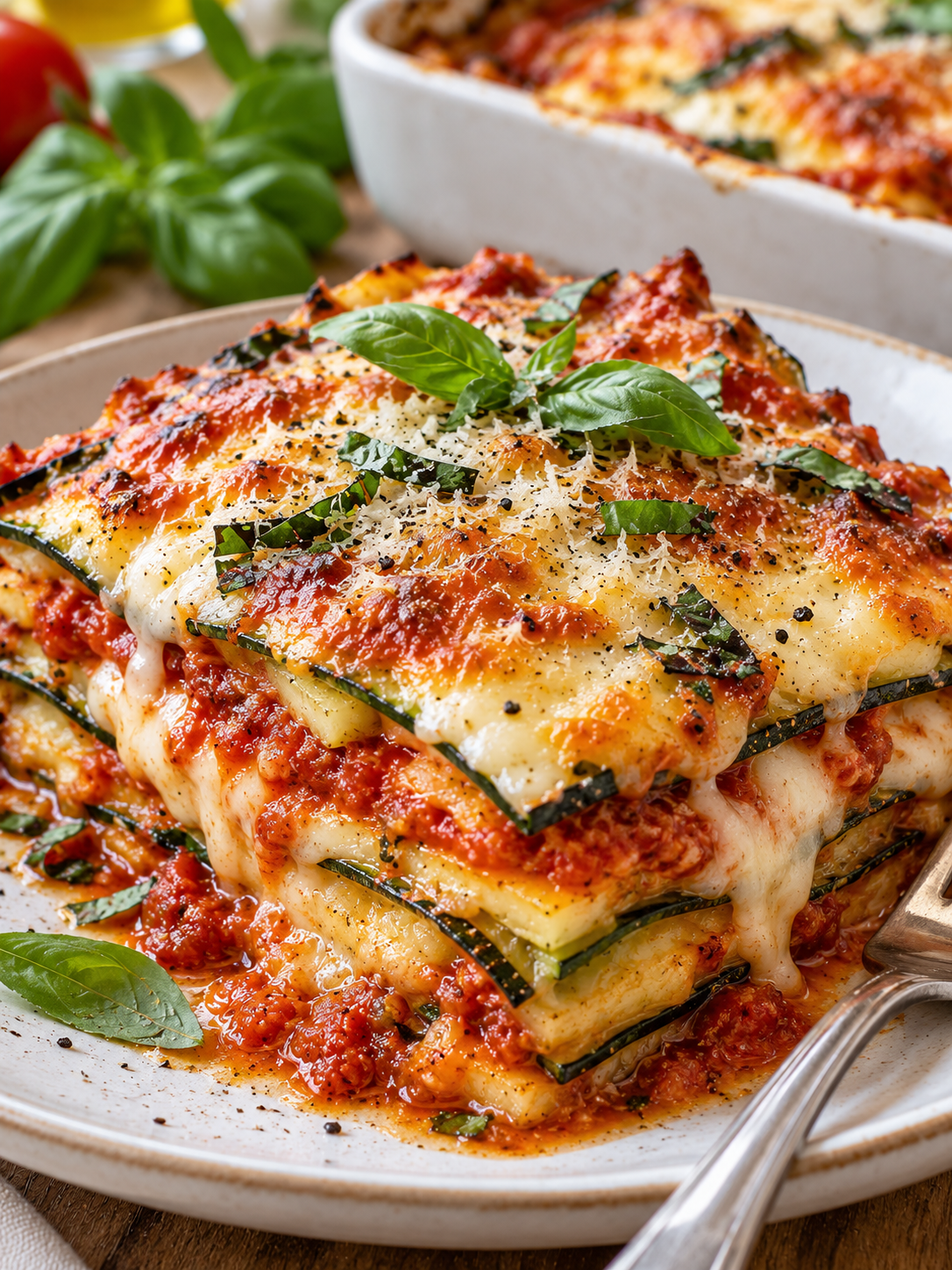 Überbackenes Stück Zucchini-Parmesan mit Käsekruste und Basilikum