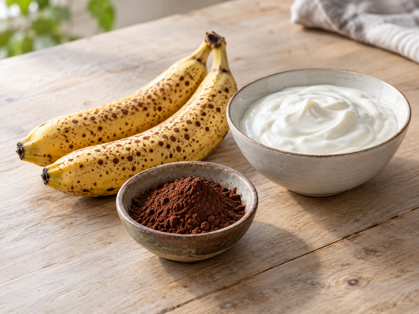 Bananen, Naturjoghurt und Backkakao für Schokoladendessert